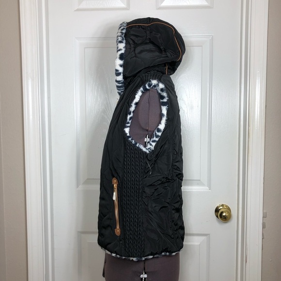 Saeldon Women Reversible Black White Animal Print Pockets Zippered Vest  L - Picture 5 of 15